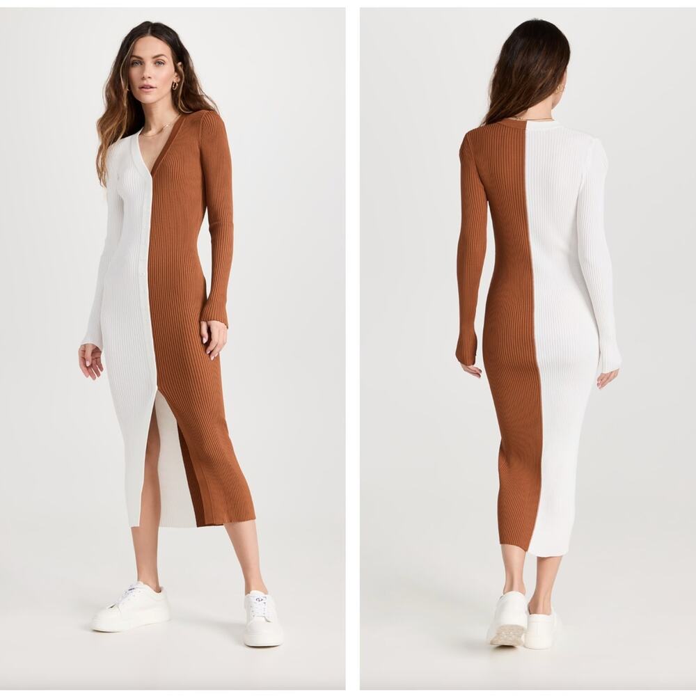 STAUD Shoko Ribbed Button Front Midi Sweater Dress Tan White Sz XS $165 {B41}